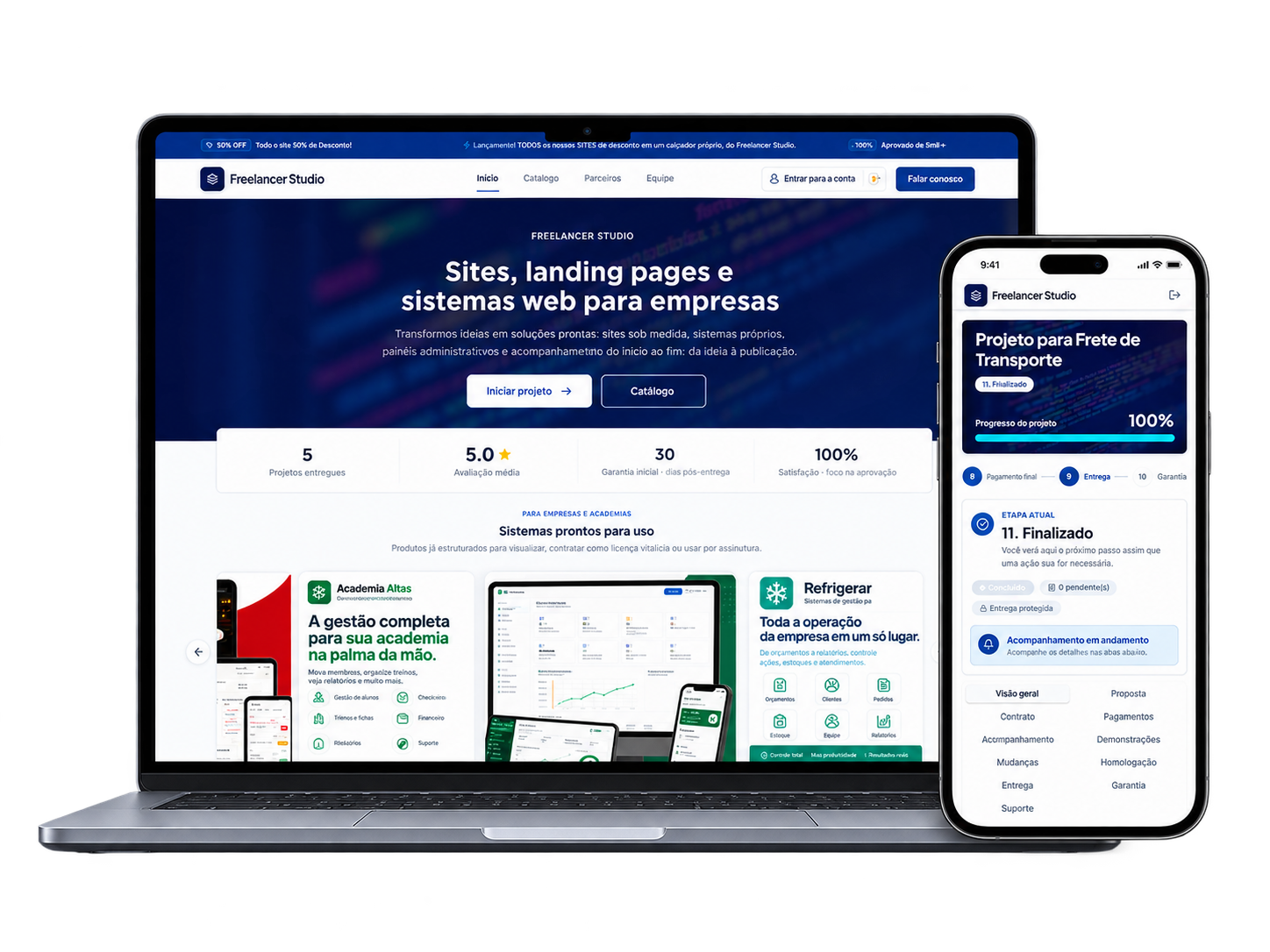 Prévia do site Freelancer Studio em laptop e celular